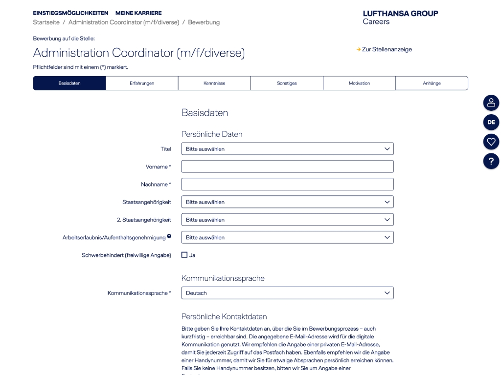 Beesite Bewerbermanagement Software - Referenz Lufthansa Formular Persönliche Daten