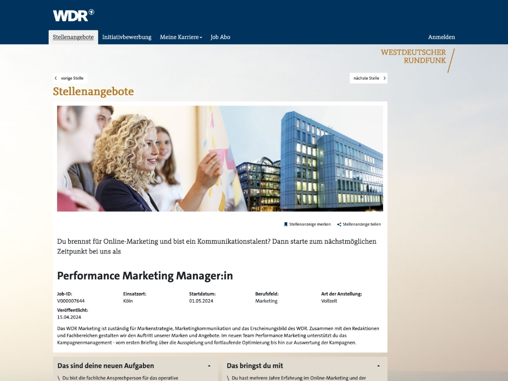Beesite Bewerbermanagement Software - Referenz Wdr - Stellenanzeige